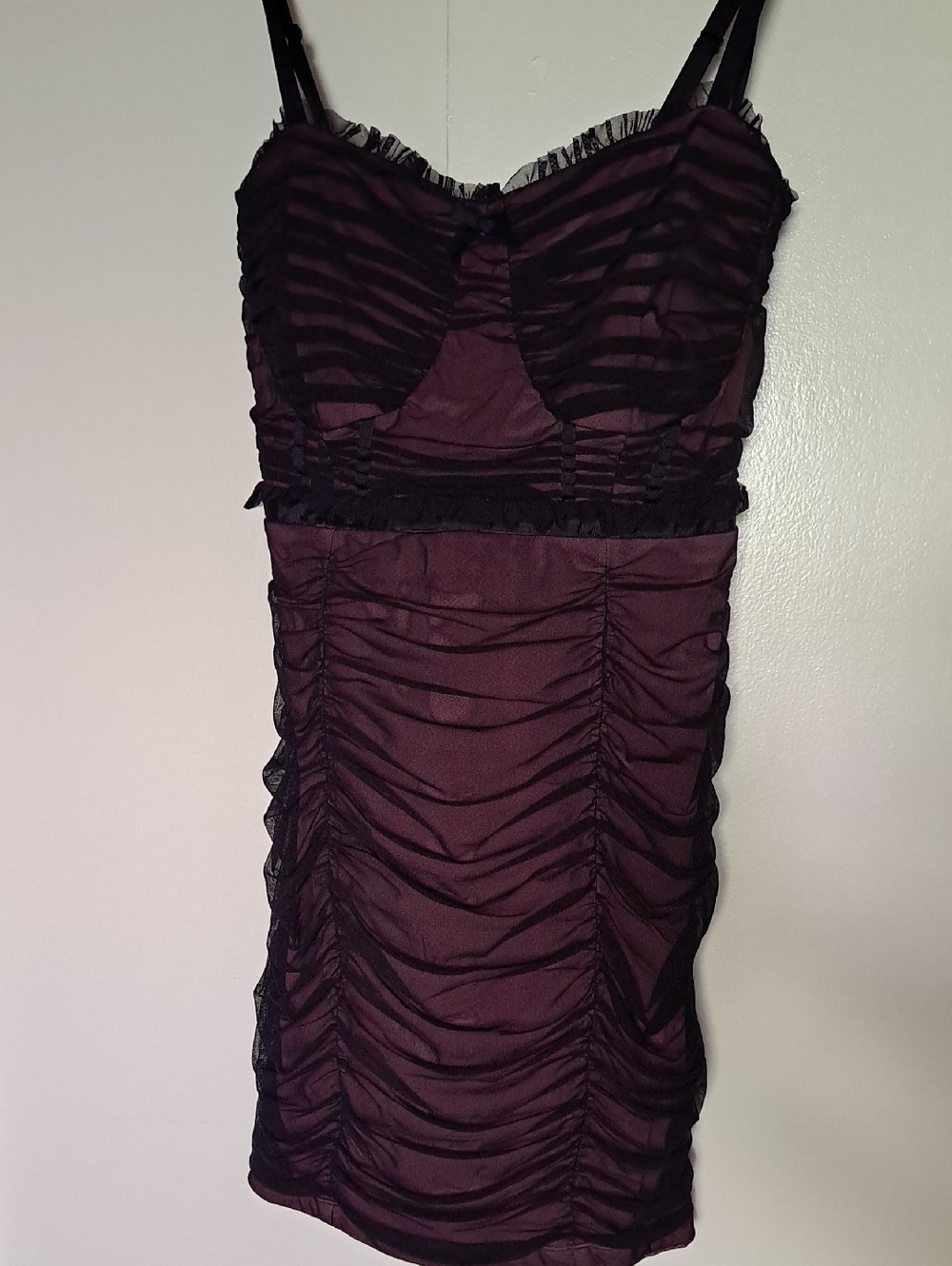 Z. CAVARICcio Plum Ruched Mini Dress with Sheer Black Overlay